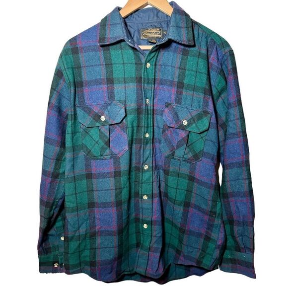 Vintage 90s Eddie Bauer 100% Wool Blue Plaid Button Down Shirt Men’s Medium - Picture 1 of 5